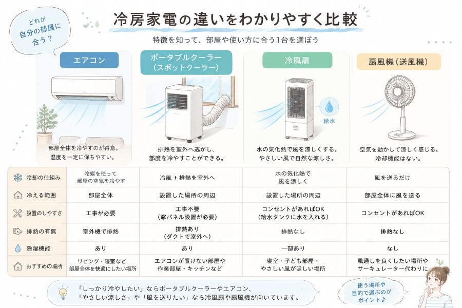 冷風機・スポットクーラー・ポータブルクーラー・冷風扇の違いを整理した比較図