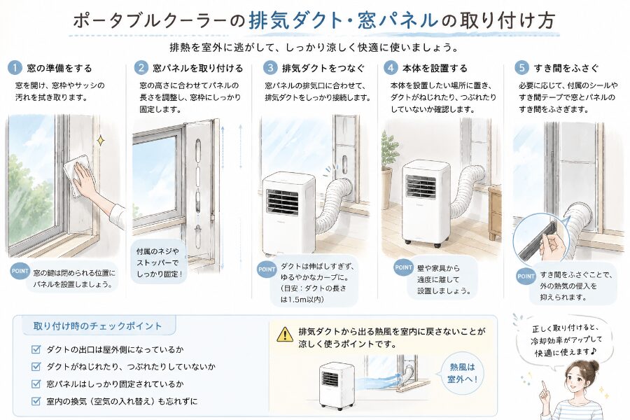 排気ダクトを窓パネルにつなぎ、室外へ排熱している設置イメージ