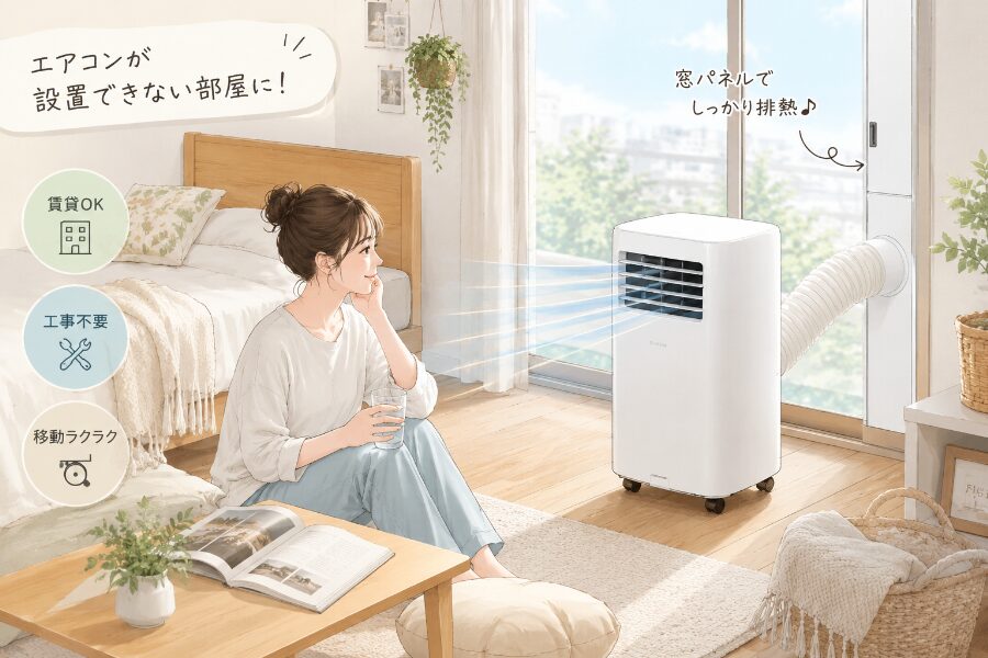 エアコンが置けない部屋で、窓際にポータブルクーラーを設置している女性