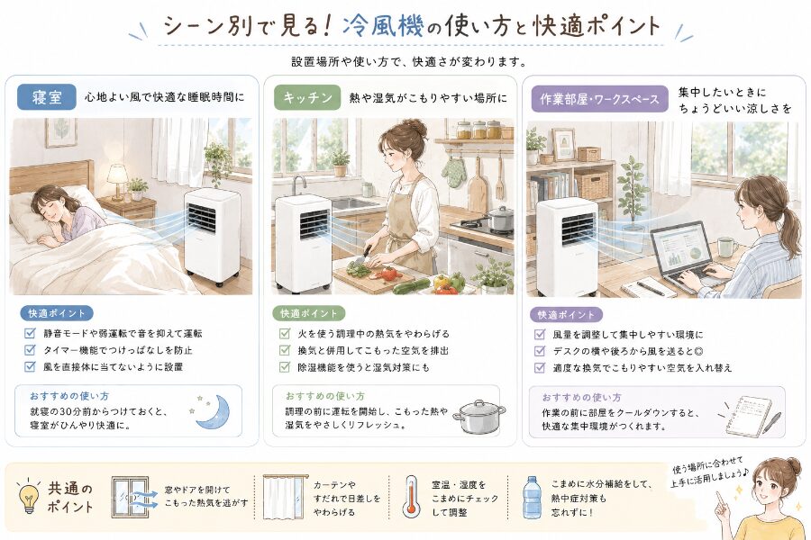 寝室・キッチン・作業部屋など、シーン別に冷風機を使う暮らしのイメージ